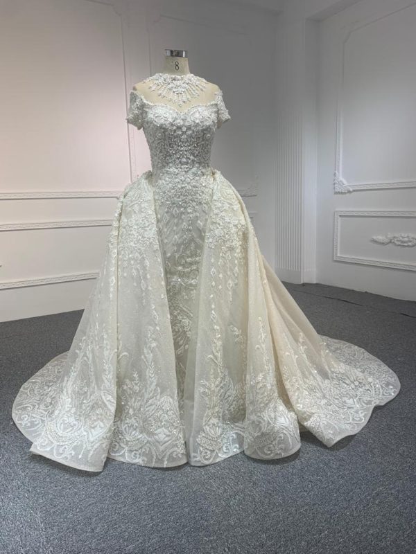 Z063-champagne  BYG LUXURY SHORT SLEEVES MERMAID DRESS WITH DETACHABLE TAIL