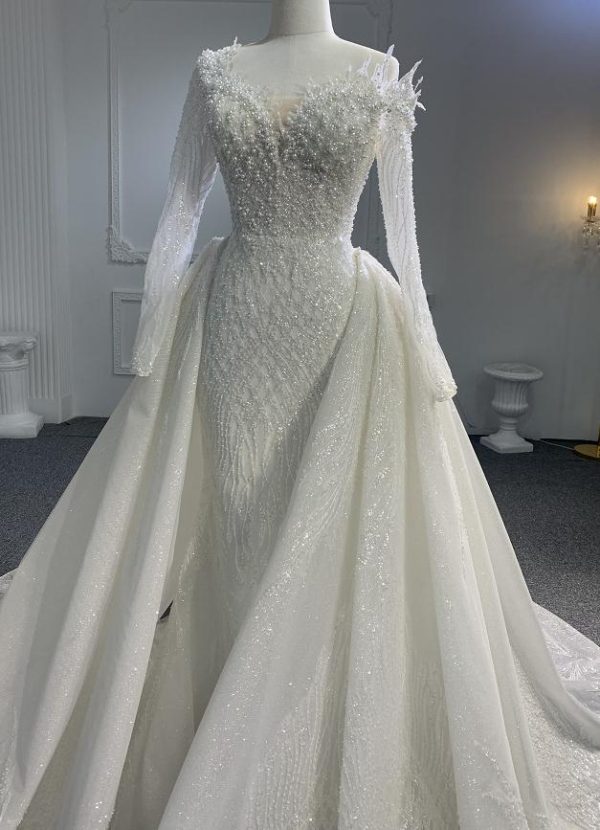 Z066- BYG LUXURY BEADING LACE 3D BEADS OFF-SHOULDER DESIGN WITH LONG SLEEVES AND DETACHABLE TRAIN - Image 4