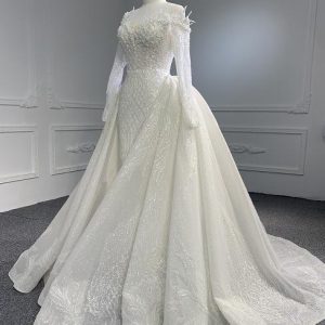 Z066- BYG LUXURY BEADING LACE 3D BEADS OFF-SHOULDER DESIGN WITH LONG SLEEVES AND DETACHABLE TRAIN