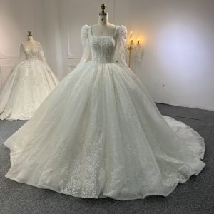 Z319 Long Sleeve Square Neck Luxurious Beaded Puff Dress