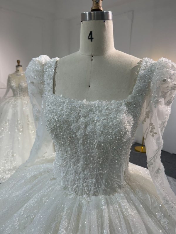 Z319 Long Sleeve Square Neck Luxurious Beaded Puff Dress - Image 3