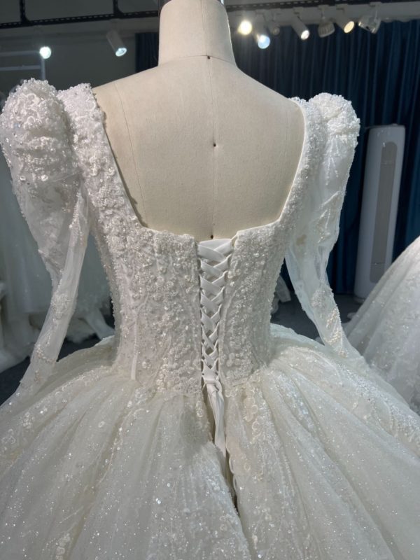 Z319 Long Sleeve Square Neck Luxurious Beaded Puff Dress - Image 4
