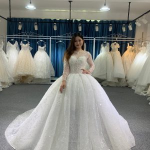 BYG high quality lace flower long sleeves wedding gown