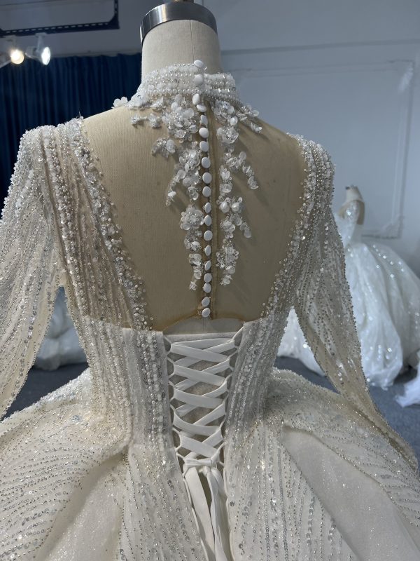 BYG-#LB19-Luxurious hand-beaded low-cut long-sleeve wedding dress - Image 5