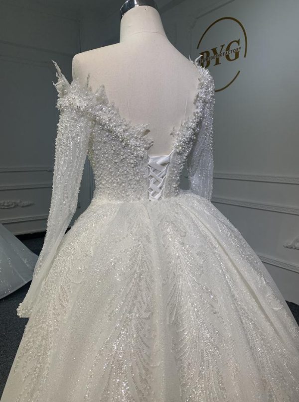 Z066- BYG LUXURY BEADING LACE 3D BEADS OFF-SHOULDER DESIGN WITH LONG SLEEVES AND DETACHABLE TRAIN - Image 6