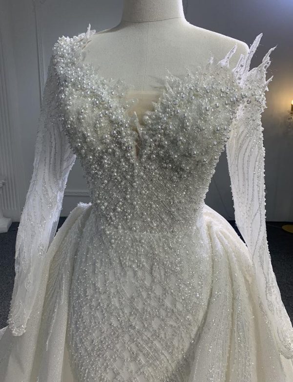 Z066- BYG LUXURY BEADING LACE 3D BEADS OFF-SHOULDER DESIGN WITH LONG SLEEVES AND DETACHABLE TRAIN - Image 3