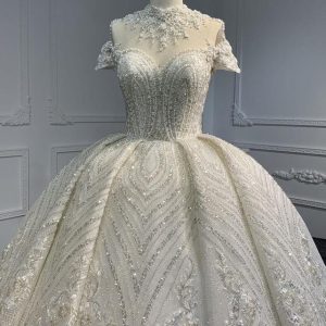 Z070# Short Sleeves Full Bead Wedding Grown Dress With Big Tail