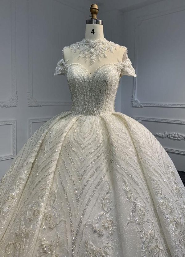 Z070# Short Sleeves Full Bead Wedding Grown Dress With Big Tail