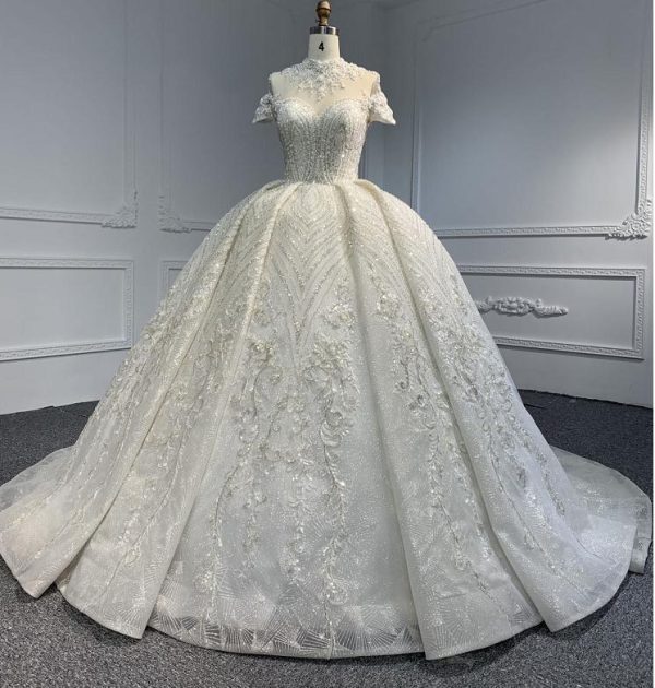 Z070# Short Sleeves Full Bead Wedding Grown Dress With Big Tail - Image 5