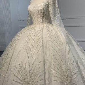 BYG Z075  SQUARE NECKLINE BEADINGS LONG SLEEVES  BALL GOWN